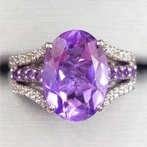 5.8 Carat Oval Lavendar Amethyst & Zircon 925 Sterling Silver Statement Ring